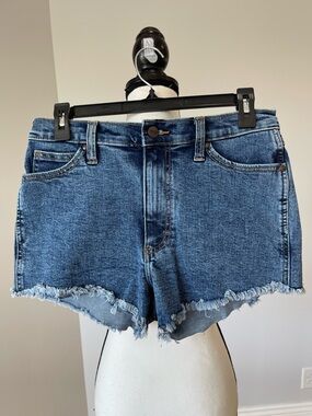 Wrangler size 28 denim fray raw hem jean shorts high rise festival concert blue